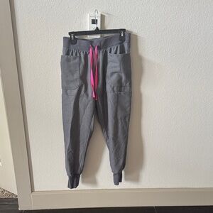 Figs Women's Gray Joggers with Bright Pink Drawstring